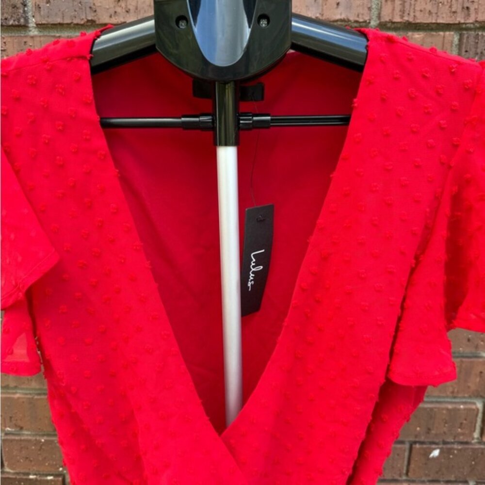 Lulus Much to Celebrate Red Swiss Dot Flutter Sleeve Wrap Mini Dress Size Small - Picture 3 of 11